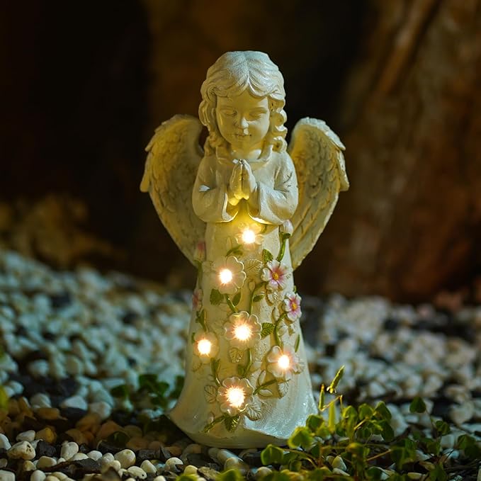Nacome Garden Outdoor Statues Angel with Succulent and 7 LED Lights – Lawn Decor for Patio, Balcony, Yard Ornament - Chrismtas Gifts for Mom Grandma
