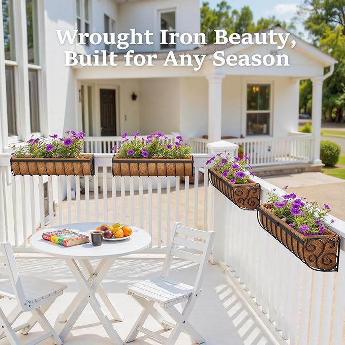 Railing Planter Boxes, 24 Inch Window Boxes Planters, Balcony Planters with Adjustable Brackets & Coco Liner & Support Rod for Outdoor Fence, Deck, Porch, and Patio Gardening, 2 Pack