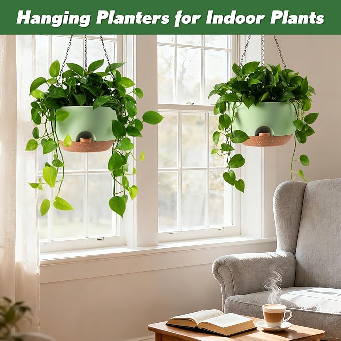 3-Piece Set of 10-Inch Hanging Planters with Automatic Watering System and Drip Tray, Includes Metal Chain, Suitable for Various Indoor and Outdoor Plants and Flowers, Green Brown