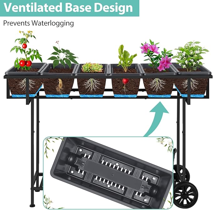 YBING Raised Garden Bed with Wheels Outdoor Elevated Planter Box Stand 6 Pocket Raised Flower Bed with Legs and Storage Shelf Herb Garden Planter for Patio 30" Tall, Dark Grey