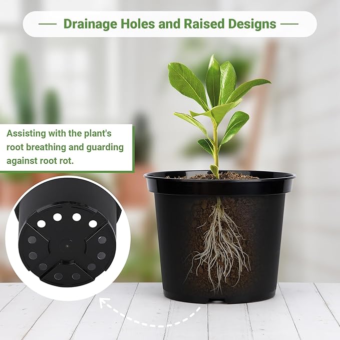 GREANER Plant Nursery Pots, 10 Inch Round Sturdy Garden Pots for Outdoor Indoor Plants, Plastic Black Seed Starting Container for Succulents, Seedlings(10PCS)