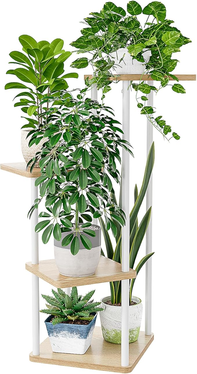 Bamworld Small Plant Stand Indoor 4 Tier Metal Plant Shelf for Multiple Plants Corner Flower Stand for Patio Garden Balcony Living Room Bedroom White