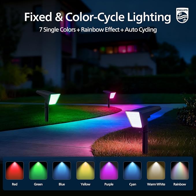Philips 6 Packs Solar RGBW Spot Lights Outdoor, 18 LED Solar Powered Landscape Lights, 9 Lighting Modes Color-Changing Dusk to Dawn Waterproof Pathway Spotlights for Garden Trees Halloween Christmas