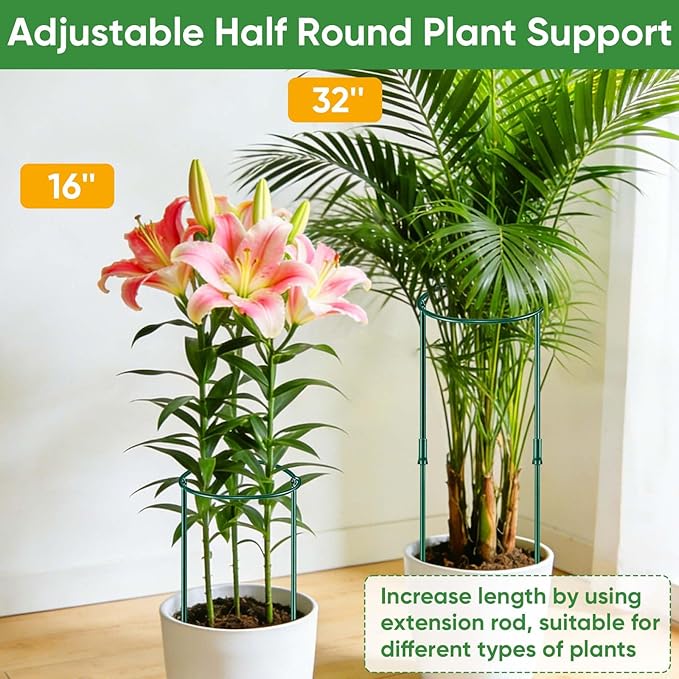 16 Pack 32 or 16 inch Adjustable Plant Support Stakes, Heavy-Duty Half Round Peony Support, Garden Plant Stakes Cage for Outdoor Plants, Peony, Tomato, Hydrangea, (16In Support +16In Extension Tubes)