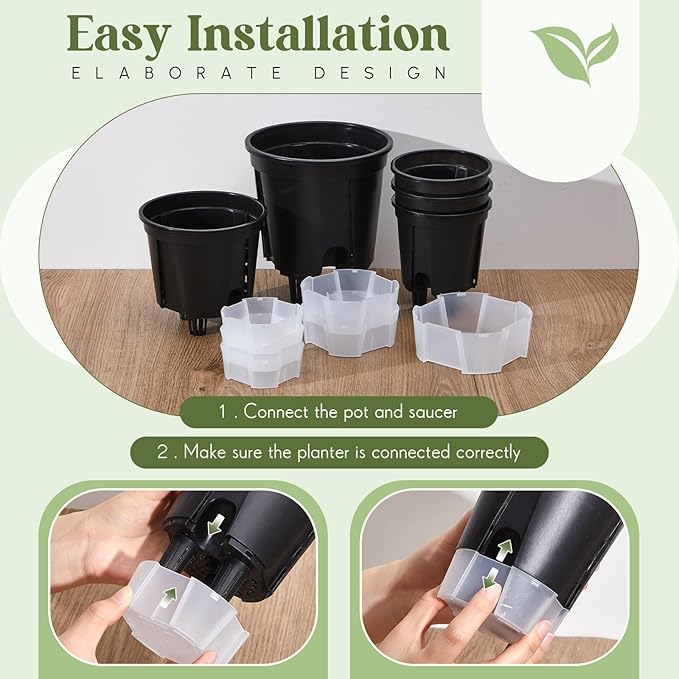 Self Watering Pots for Indoor Plants with Deep Reservoir and High Drainage Holes for Outdoor Plants and Flowers, Bare Root Planter(4.72'', 5.91'', 7.09'',Black,9 Pcs)
