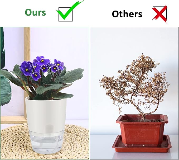 ShineMe Self Watering Pots, 5 Pack Self Watering Planters for Indoor Plants, 4.1 inch Plastic Plant and Flower Pots for African Violets, Herbs, Aloe, Peace Lily with Absorbent Cotton Rope