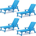 LUE BONA Outdoor Chaise Lounge Chairs Set of 4, HDPS Chaise Lounger, 5 Positions Adjustable Lounge Chairs, Pool Lounge Chair with Wheels for Poolside, Blue