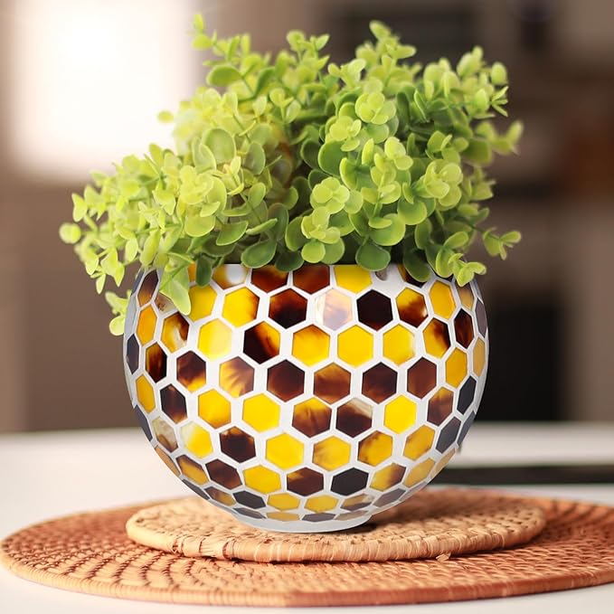 Hanging Planter Mosaic Garden Pot Small Flower Pot for Indoor Plant Disco Ball Hanging Planter with Drainage Yellow Bee