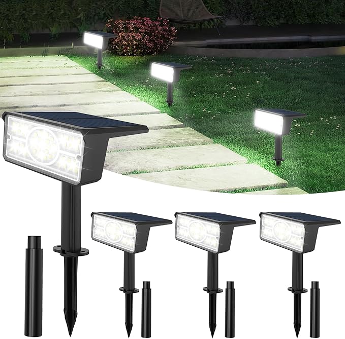 T-SUN Solar Spot Lights Outdoor 4 Pack, 49 LED 2 Lighting Modes, IP65 Waterproof Landscape Spotlights, 2 in 1 Auto On/Off Solar Lights for Yard, Garden, Driveway, Pathway (White)