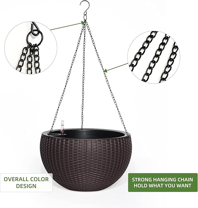 Dexceder 10.5 Inch Large Self Watering Hanging Planters Indoor Outdoor, Thickened Hanging Basket Flower Plant Pot with Water Level Indicator (Brown)