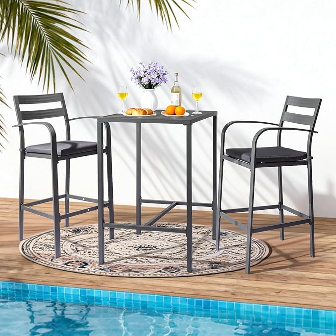 VINGLI 3-Piece Outdoor Bar Set, Aluminum Bar Height Table & 2 Chairs with Cushions, Outdoor Bistro Set for Patio, Backyard, Poolside, Garden(Gray)