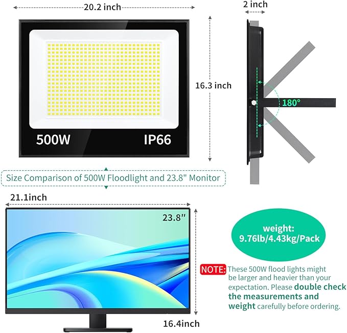500W LED Flood Light Outdoor with Plug+10ft Cable, 60000LM Ultra Brighter 5000K Exterior Security Light, IP66 Waterproof Commercial Lighting for Sports Fields Counts Arena Stadium(2 Pack)