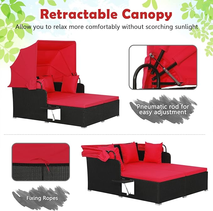 Tangkula Patio Rattan Daybed with Retractable Canopy, Outdoor Wicker Sunbed Lounger with 2 Foldable Side Tables, Thick Seat & Back Cushions, Outside Double Daybed for Garden, Backyard, Porch, Red