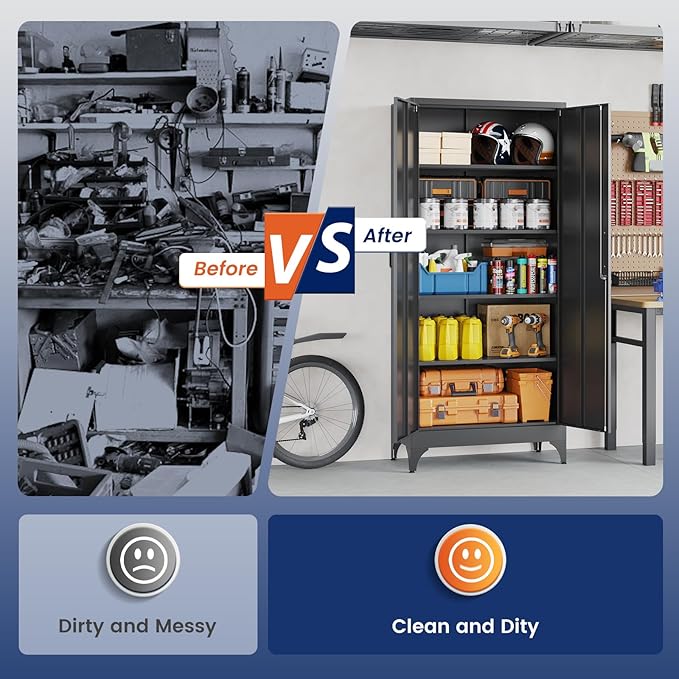 Yizosh Metal Garage Storage Cabinet with 2 Doors and 4 Adjustable Shelves - 71" Steel Lockable File Cabinet,Locking Tool Cabinets for Home,Office,Garage,Gym,School