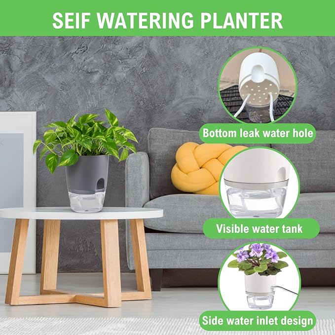3.2 Inch Self Watering Planters Plastic Planter Pots 5 Pack Wicking Flower Pots Modern Decorative Planter for Small African Violets House Plants,Herbs,Indoor Outdoor Plant (Grey)