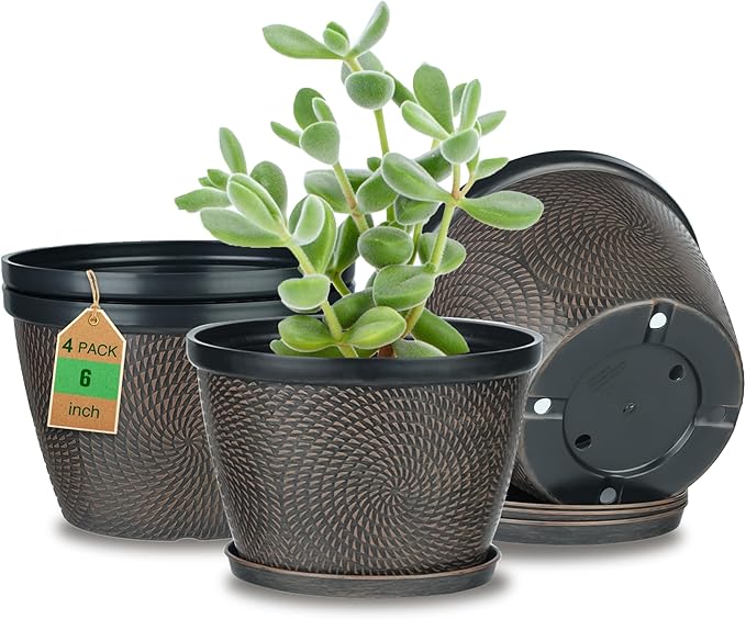 Quarut 4 Pack 6 Inch Flower Pots for Outdoor Indoor, Plastic Plant Pots with Drainage Hole & Saucer, Lightweight Small Flower Pot, Circle Pattern Planters for Garden House planters（Brown）
