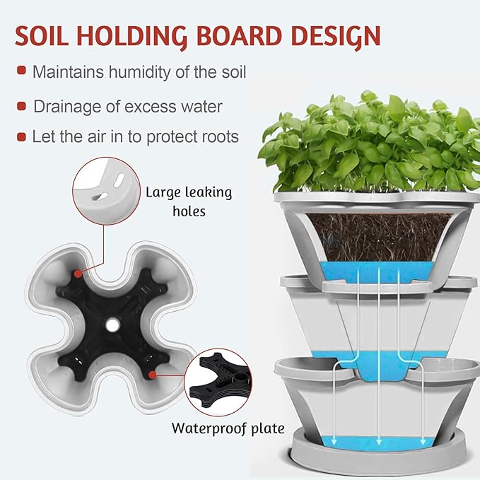 Vertical Strawberry Planter-5 Tier Stackable Herb Tower Planters Stacking Garden Planters Pot Outdoor with Tools Removable Wheels for Growing Flowers, Vegetables and Succulents