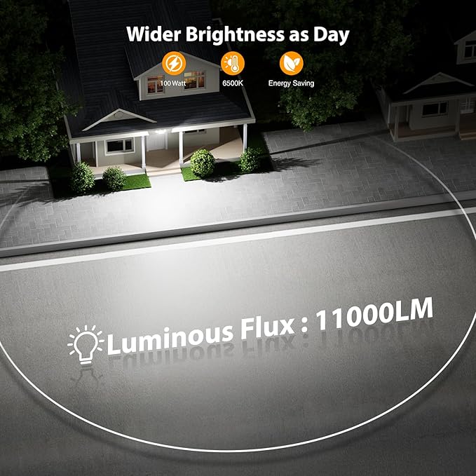 Onforu 100W 11000LM Flood Lights Outdoor, Brightness Security LED Flood Lights with 3 Adjustable Heads, Switch Controlled, IP65 Waterproof 6500K Outside Exterior Flood Light for Yard Garage Eave Patio