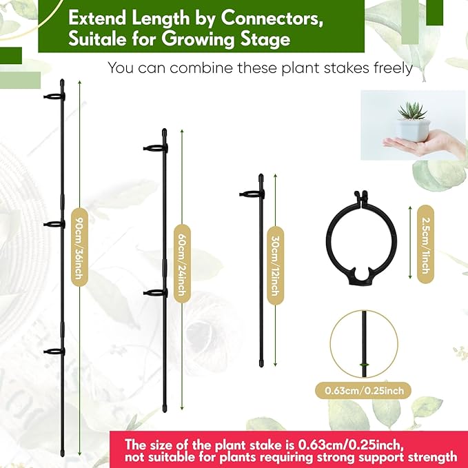 meekoo 30 Pcs Adjustable Garden Plant Support Stakes Single Stem Plant Cage Support Rings with Clips and Connect Pipe for Orchid Rose Tomato, 12 Inch (Black)