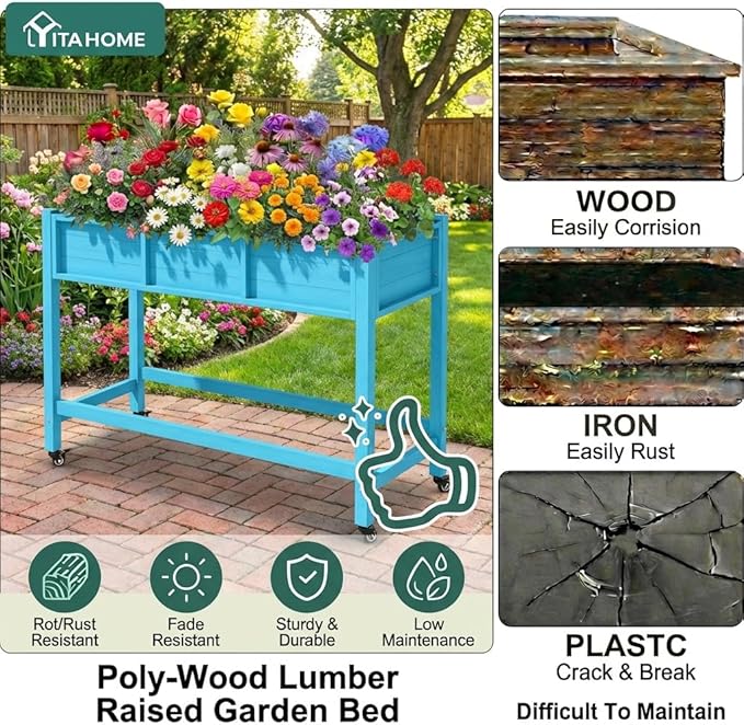 YITAHOME Raised Garden Bed HDPE, 47x18x31In Raised Flower Bed Poly-Wood Weather-Resistant Elevated Planter Box with Lockable Wheels for Vegetables, Aruba Blue