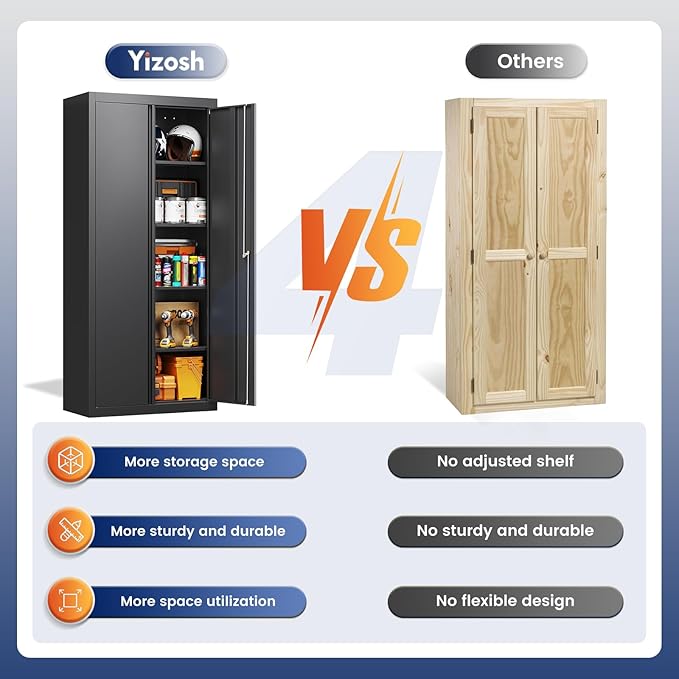 Yizosh Metal Garage Storage Cabinet with 2 Doors and 4 Adjustable Shelves - 71" Steel Lockable File Cabinet,Locking Tool Cabinets for Office,Home,Garage,School,Gym