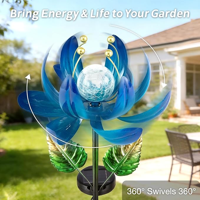 Solar Garden Lights Metal Flower Decor, Colorful Lotus Pathway Spinning Windmill with LED Cracked Crystal Ball Outdoor Decorative Stake Lighting Waterproof Flower Sculpture for Patio Yard