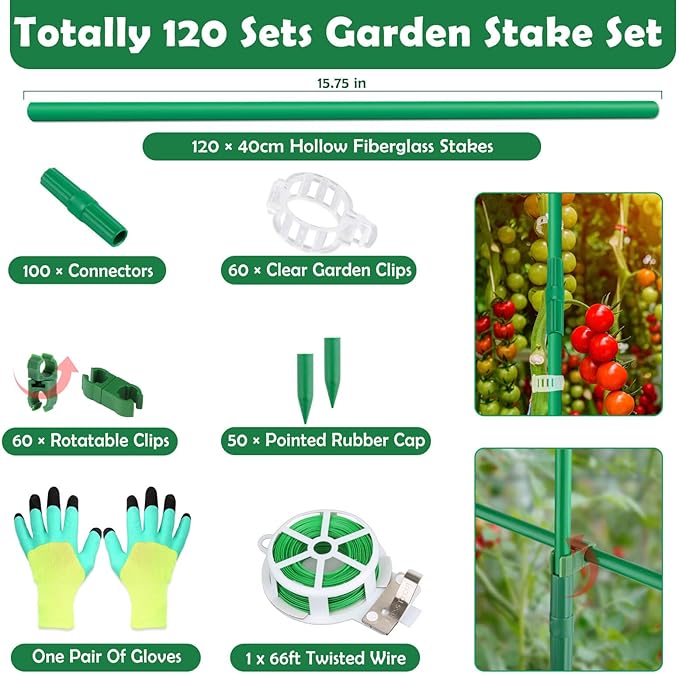 Cludoo 393PCS Garden Stakes Set with 120 Sets Fiberglass Plant Stakes Sticks Supports and Accessories, DIY 4ft 5ft 6ft 7ft Tomato Stakes for Tomato,Vegetables, Pepper, Indoor Outdoor Spring Plants