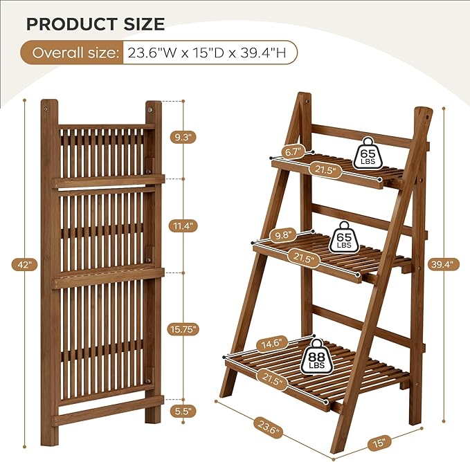 39.4" Bamboo Ladder Shelf Plant Shelf, 3 Tier Foldable Ladder Flower Pot Display Shelf Rack, 23.6"W x 15"D x 39.4"H, Freestanding Bookshelf for Garden, Balcony, Yard, Patio, Lawn, Living Room, Walnut