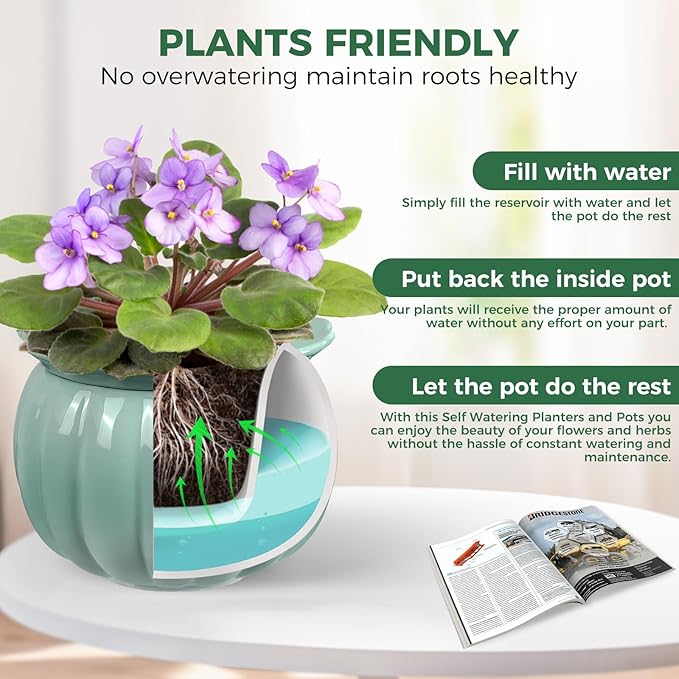 BUYMAX African Violet Pots, 6 inch Pumpkin-Style Ceramic Easy Self Watering Plant Pot for Busy Plant Lovers, Automatically Absorb Appropriate Amount of Water, Flower Pot Indoor-Plants Not Included