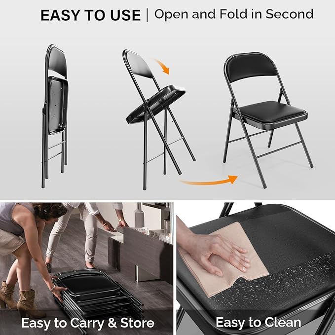 VINGLI 6 Pack Folding Chairs with Padded Seats, Metal Frame with Pu Leather Seat & Back, Capacity 350 lbs, Black
