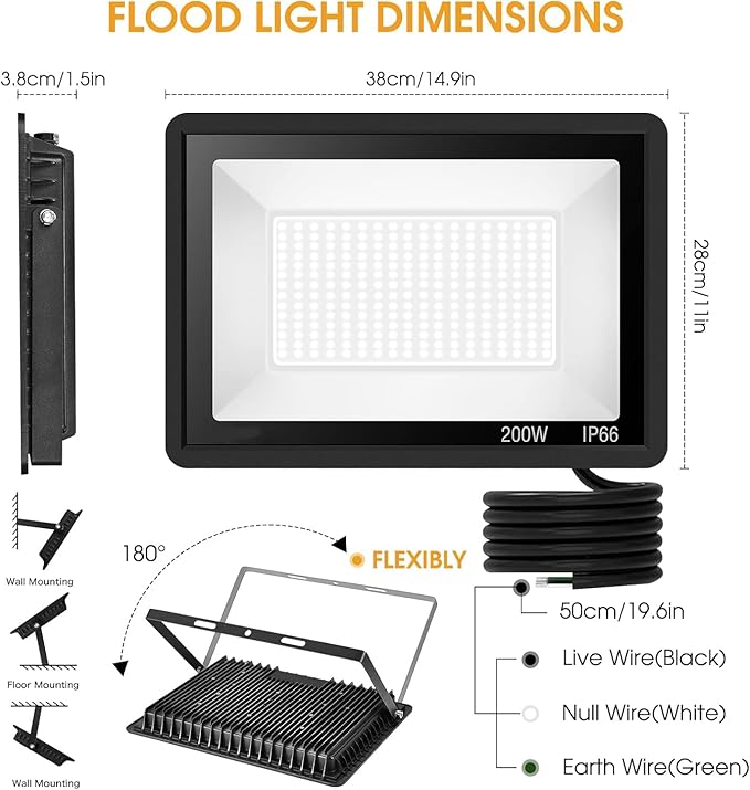 200W LED Flood Light 2 Pack, 22500lm Super Bright Security Lights, IP66 Waterproof Outdoor Flood Light, 5000K Daylight White Floodlight for Yard, Garden,Basketball Court, Arena