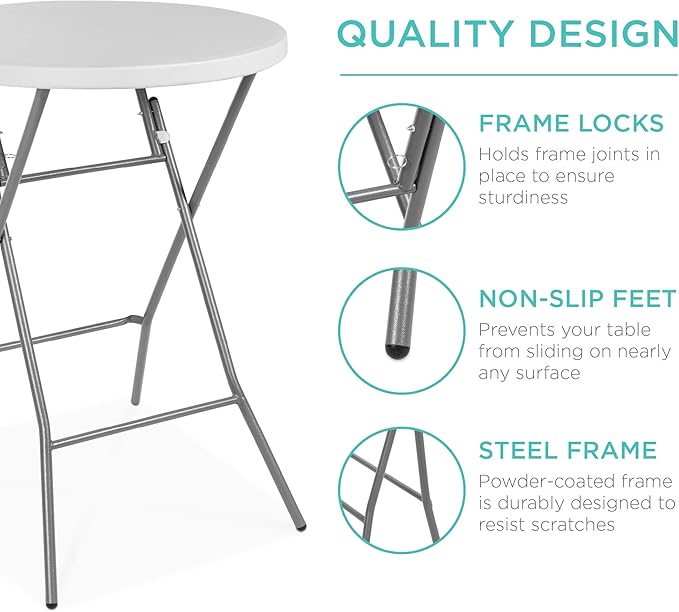 Best Choice Products 32in Bar Height Folding Table, Round Indoor Outdoor Accessory for Patio, Backyard, Dining Room, Events w/Thick Table Top, Metal Frame, Locking Legs, 330lb Weight Capacity - White | Bar Height, Indoor Outdoor, Patio, Backyard, Dinin...