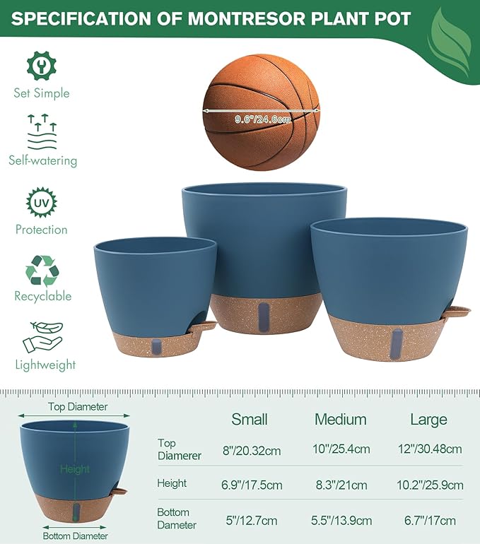 8/10/12 Inch Large Self Watering Pots for Indoor Plants Plastic Plant Pot for Outdoor Plants, Water Level Window & Spacious Reservoir Flower Pots Decorative Planter with Drainage and Tray (Blue)