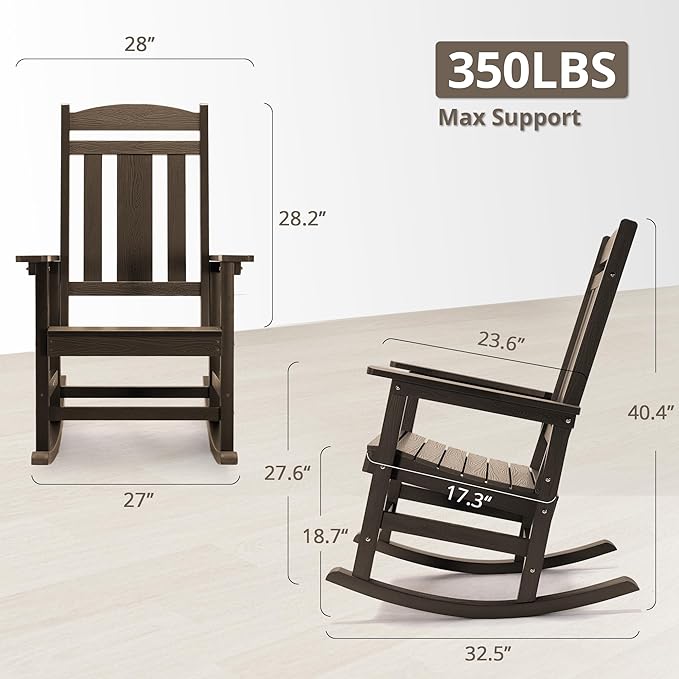 LUE BONA Outdoor Rocking Chairs Set of 2, Weather Resistant HDPS Poly Rocker Chairs, 350lb Heavy Duty, Oversized Porch Rocker for Adult, High Back Smooth Rocking Chair for Outdoor & Indoor, Brown