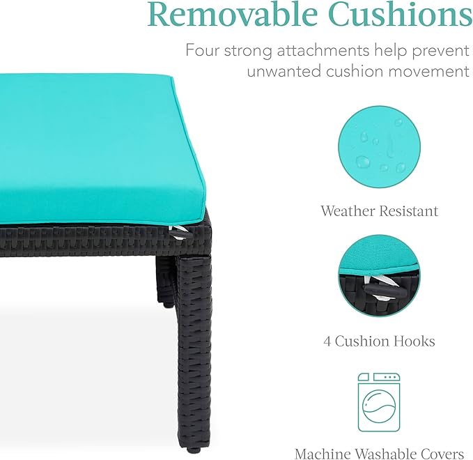 Best Choice Products Set of 2 Wicker Ottomans, Multipurpose Outdoor Furniture for Patio, Backyard, Additional Seating, Footrest, Side Table w/Removable Cushions, Steel Frame - Black/Teal