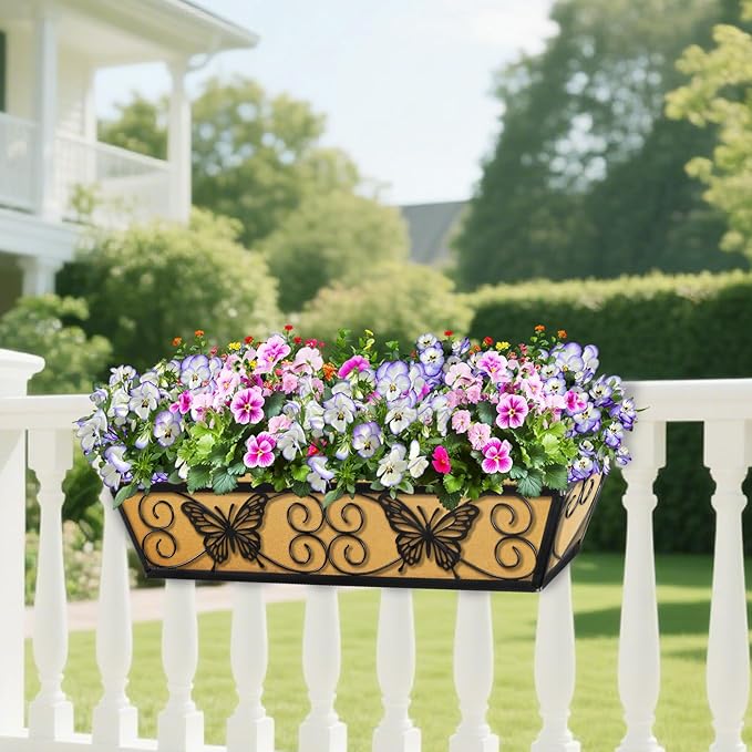 6 Pack 24 Inch Window Boxes Planters Railing Planter Box with Adjustable Brackets for Porch Fence Patio Balcony Hanging Flower Baskets with Woven Fabric for Outdoor Garden Decor - Black