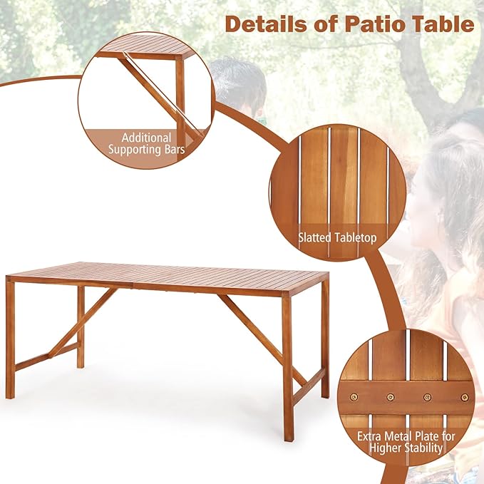 Tangkula 67" Acacia Wood Outdoor Dining Table for 6, Rectangle 6-Person Patio Table with 2" Umbrella Hole & Spacious Slatted Tabletop, Indoor Outdoor Dining Furniture for Deck, Garden, Poolside & Yard