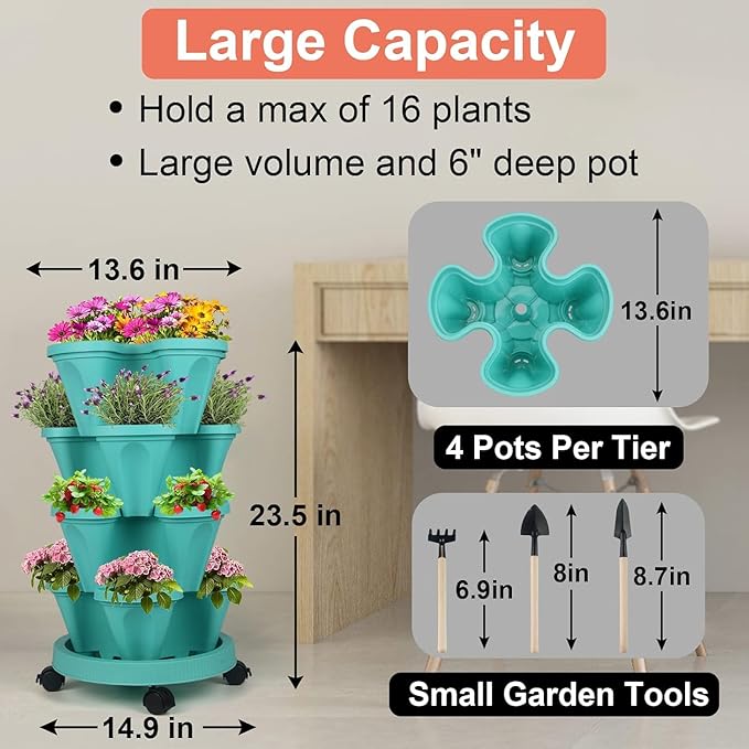 Vertical Planter 4 Tier Stackable Planters Garden Planters Strawberry Herb Flower and Vegetable Planter Indoor Outdoor Gardening Pots with Removable Wheels and Tools