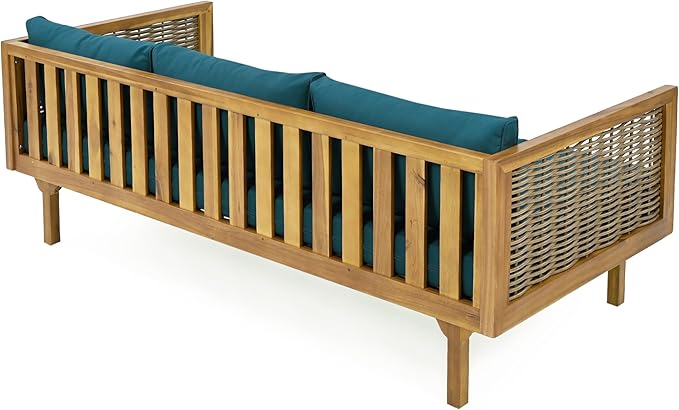 Merax 67.5" Outdoor Patio Daybed 3 Seater Sofa Bed,Acacia Wood Frame with Rattan Arm,Cushion & Pillow for Courtyard