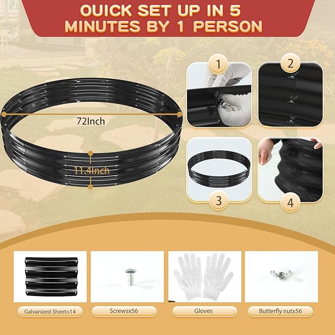Durable Round Galvanized Steel Raised Garden Bed for Planting,Round Galvanized Steel Fire Ring/Fir Pit for Outdoor- 6×6×1FT,0.8MM Thick (Black, 72 ins Diameter x 12 ins high)
