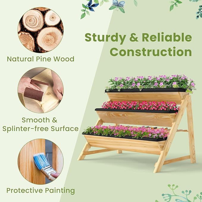 HAPPYGRILL 3-Tier Wooden Raised Garden Bed, Elevated Planter Box Kit with Legs & Liners for Flower Herb Vegetable, Indoor Outdoor Vertical Raised Bed for Gardening Patio Balcony Greenhouse