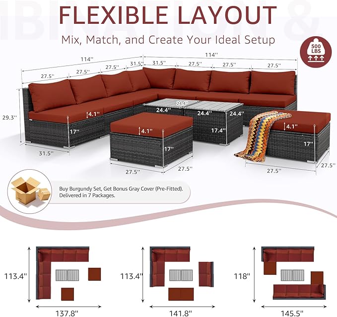 NICESOUL 11 Piece L Shape Patio Furniture Set, 29.3'' High Back Comfy Rattan Outdoor Conversations, Big Size Deep Seated Contemporary Sectionals for Backyard Deck Porch, 2 Color Cushion Red & Gray