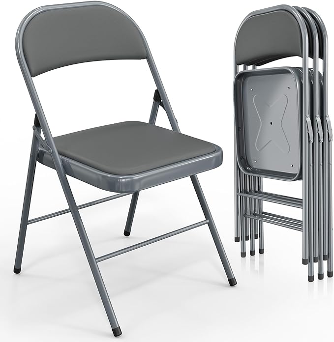 VINGLI 4 Pack Folding Chairs with Padded Seats, Metal Frame with Pu Leather Seat & Back, Capacity 350 lbs, Gray