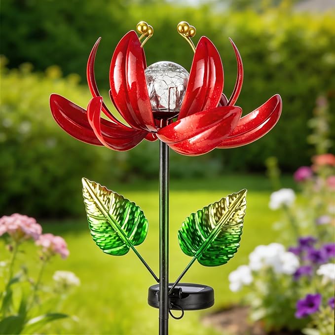 Solar Lights Outdoor Garden Decor, Solar Wind Spinner Yard Decorations Gifts for Outside, Lotus Windmill Pathway with LED Cracked Crystal Ball Waterproof Flower Sculpture for Patio Lawn