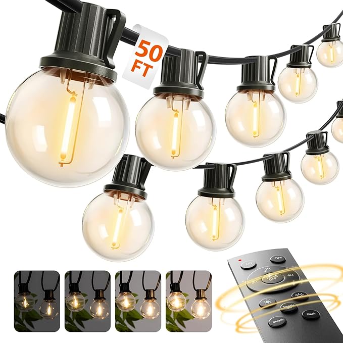 addlon Outdoor String Lights 50FT G40 with Remote, 27 LED Shatterproof Bulbs, Dimmable Patio Globe Lights Waterproof, Hanging Outside Lighting for Backyard, Garden, Deck, Balcony, Porch, Café, Decor