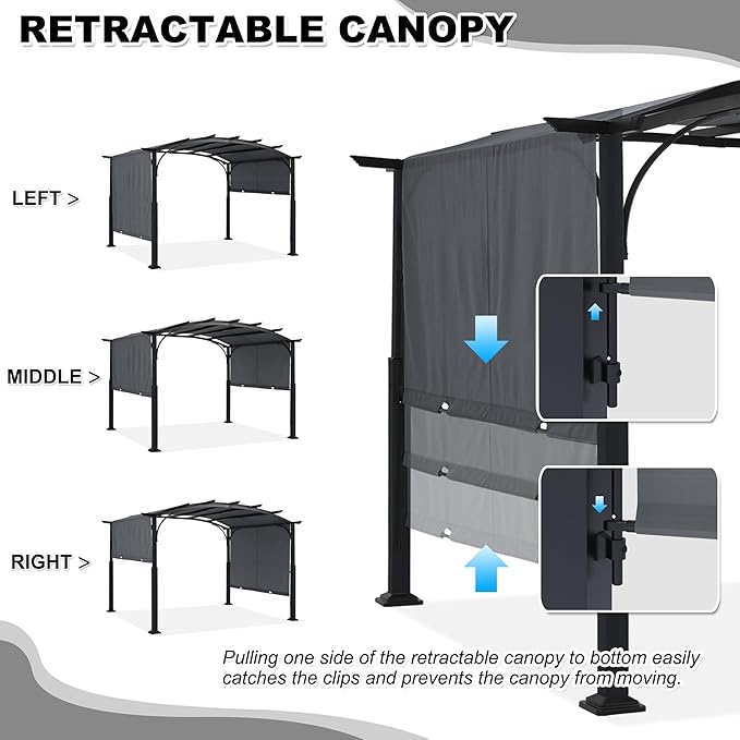 MASTERCANOPY 10x12ft Outdoor Retractable Pergola with Sun Shade Canopy Patio Metal Garden Pergola,Dark Grey