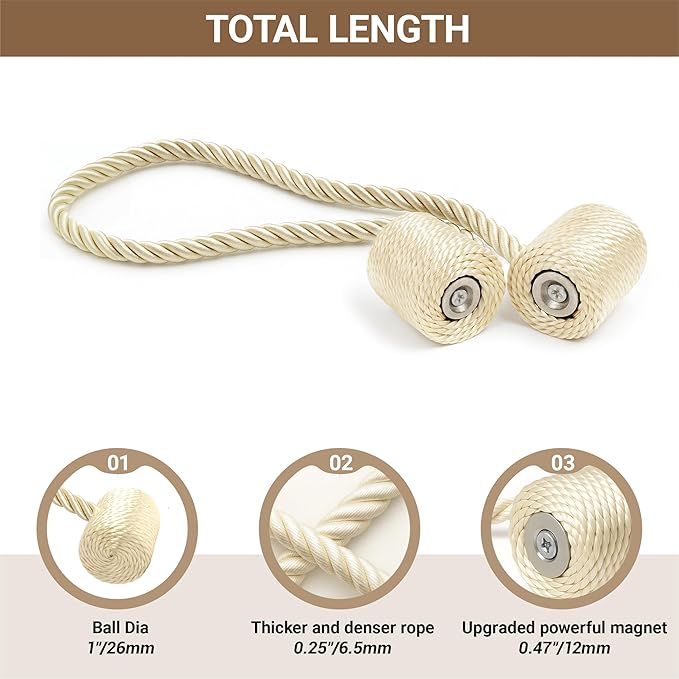 Hion Magnetic Curtain Tiebacks Beige 6 Pack, Curtain Tiebacks Buckles Holdbacks Holders Hooks Clip for Home Bedroom Office Decorative Thick or Thin Curtain