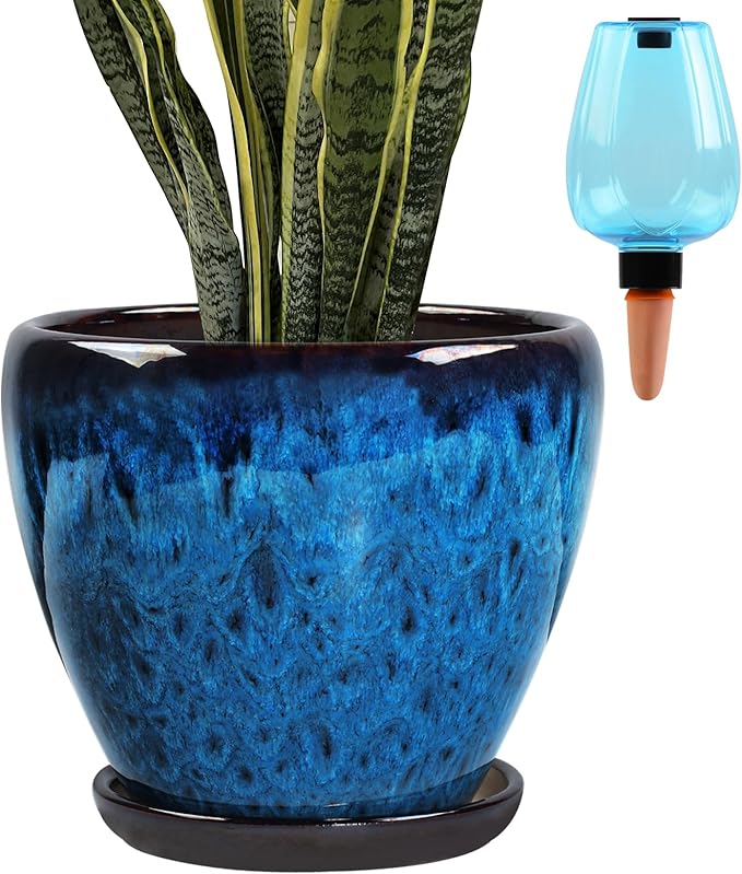 Ceramic Pots for Plant with Self Watering Globes, 10 inch Planters for Indoor Plants with Saucer, Glaze Flower Pots Outdoor with Drainage Holes, Decorative Garden Pots