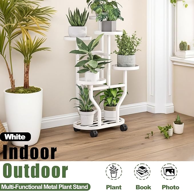Plant Stand 5 Tier Indoor Outdoor Metal Flower Shelf with Wheels Multi Plants Holder Display Rack for Garden Patio Balcony Living Room White (White, 5 Tier)