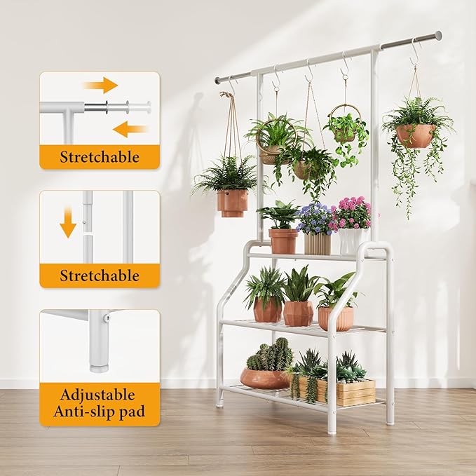 Plant Stand Indoor Outdoor, 3-Tier Heavy Duty Metal Hanging Plant Shelf, 61'' Tall Large Plant Holder Rack for Multiple Big Pots, Flower Stand for Living Room, Garden, Balcony, White
